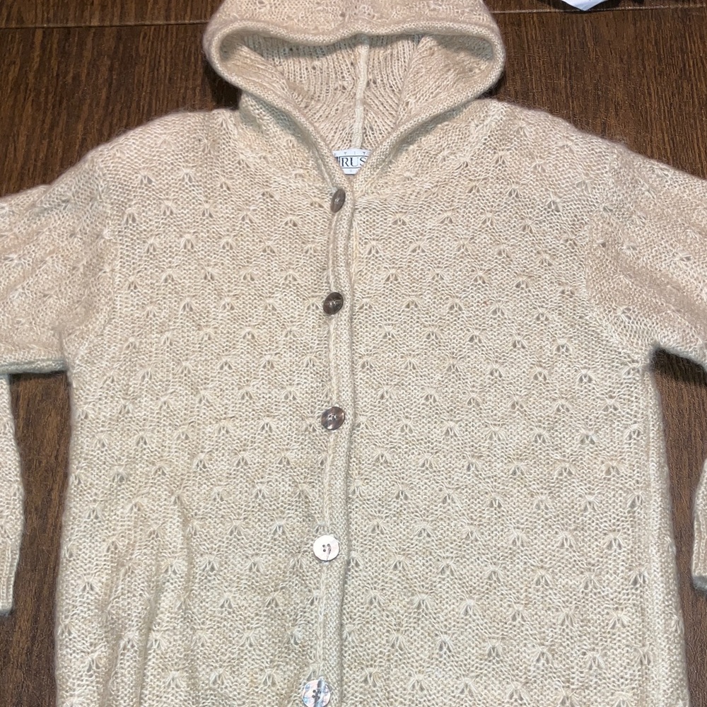 RUSS PETITE CLASSIC MOHAIR KNIT VINTAGE WOMENS CARDIGAN OYSTER SHELL BUTTON SM